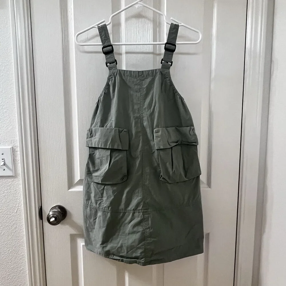 Zara Girls Green Technical Parachute Pocket Pinafore Overall Dress Size 11-12